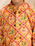 Boys's Mustard Cotton Ikkat Thigh Length Kurta And Pyjama Set