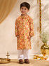 Boys's Mustard Cotton Ikkat Thigh Length Kurta And Pyjama Set