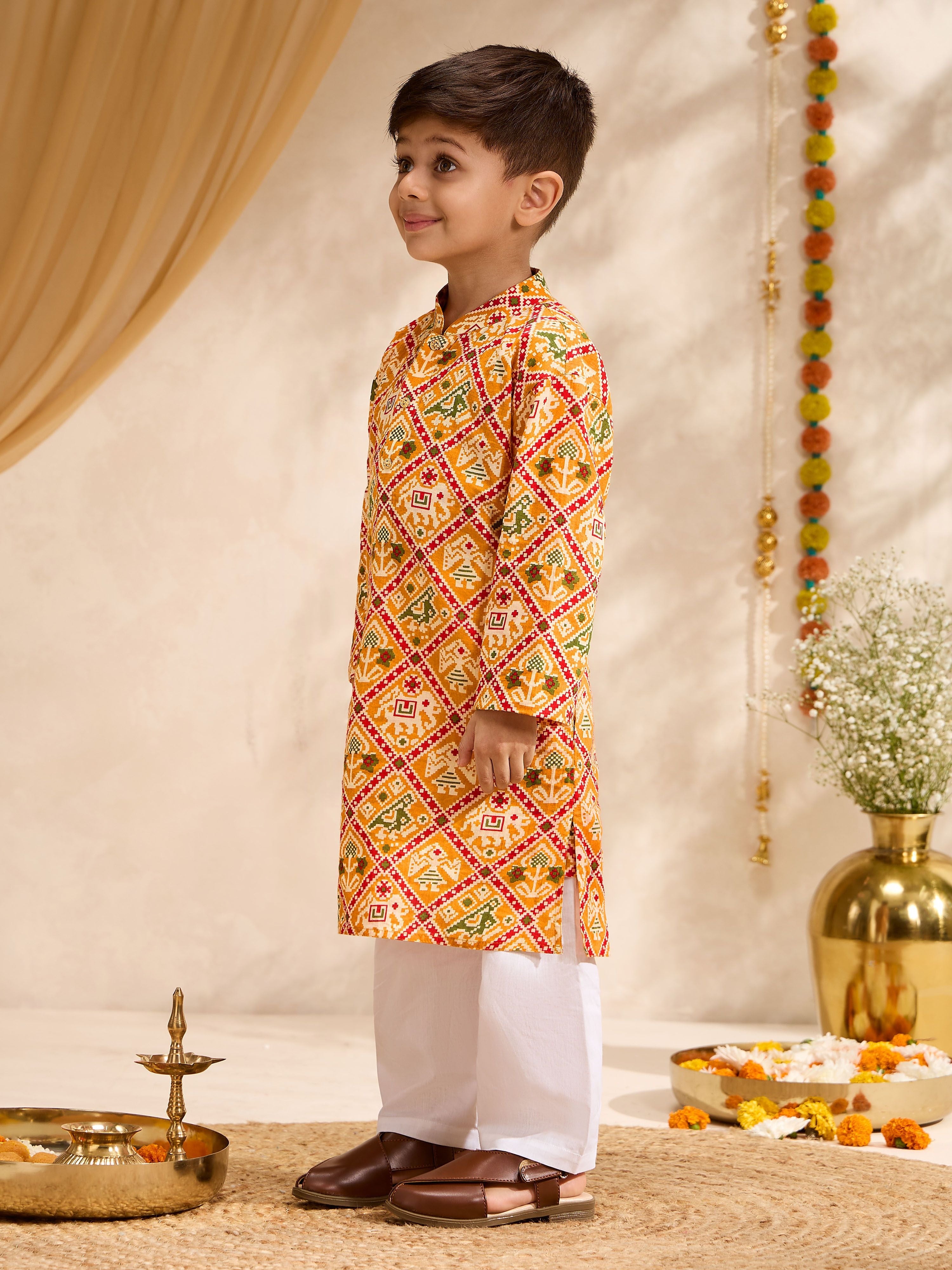 Boys's Mustard Cotton Ikkat Thigh Length Kurta And Pyjama Set
