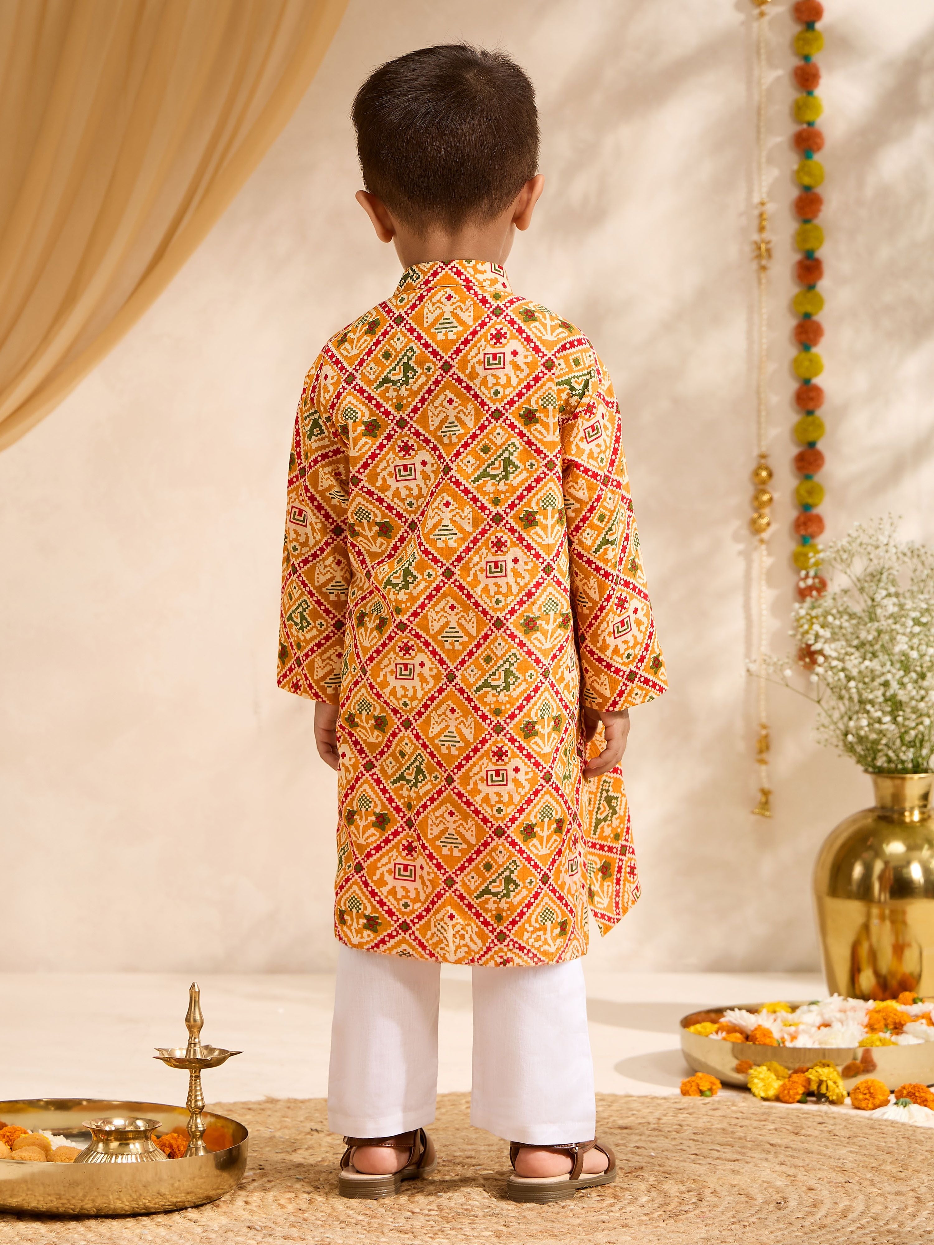 Boys's Mustard Cotton Ikkat Thigh Length Kurta And Pyjama Set