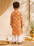 Boys's Mustard Cotton Ikkat Thigh Length Kurta And Pyjama Set