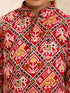 Boys's Red Cotton Ikkat Thigh Length Kurta And Pyjama Set