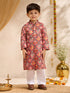 Boys's Red Cotton Ikkat Thigh Length Kurta And Pyjama Set