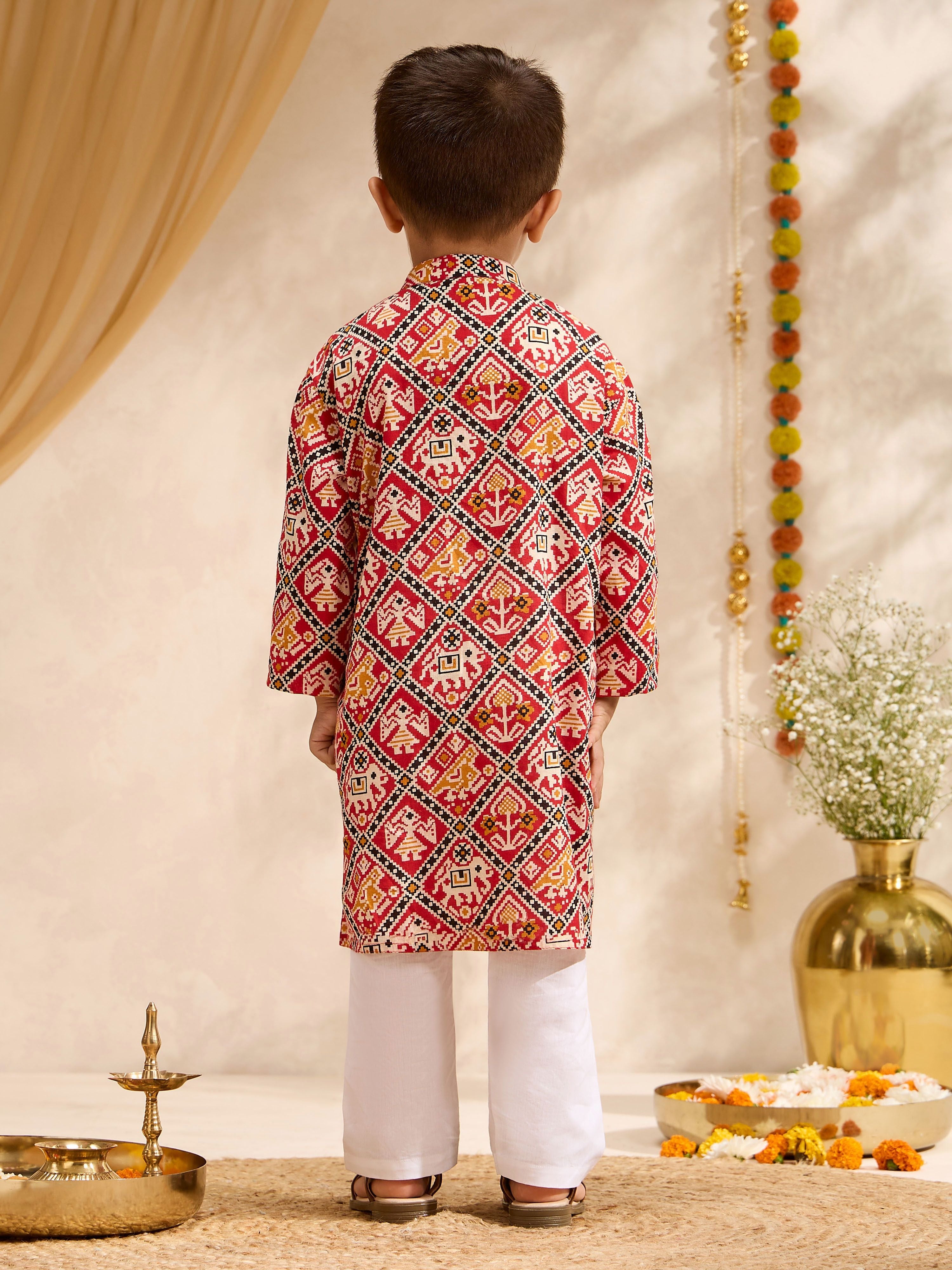 Boys's Red Cotton Ikkat Thigh Length Kurta And Pyjama Set