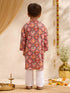 Boys's Red Cotton Ikkat Thigh Length Kurta And Pyjama Set