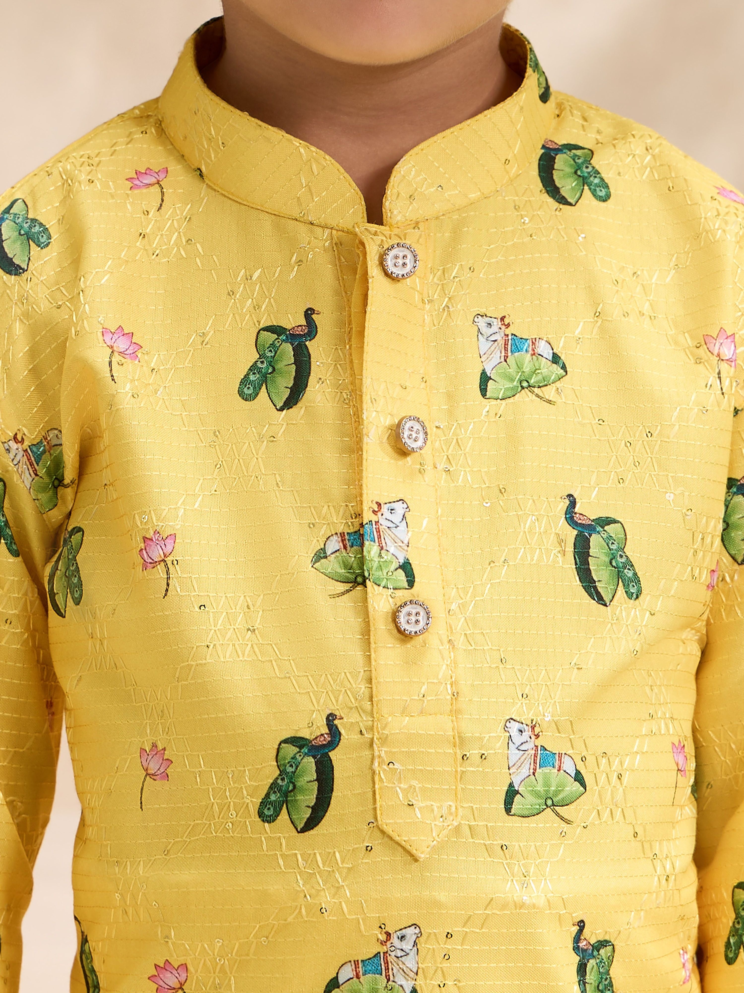 Boys's Yellow Silk-Blend Embellished Thigh Length Kurta And Pyjama Set