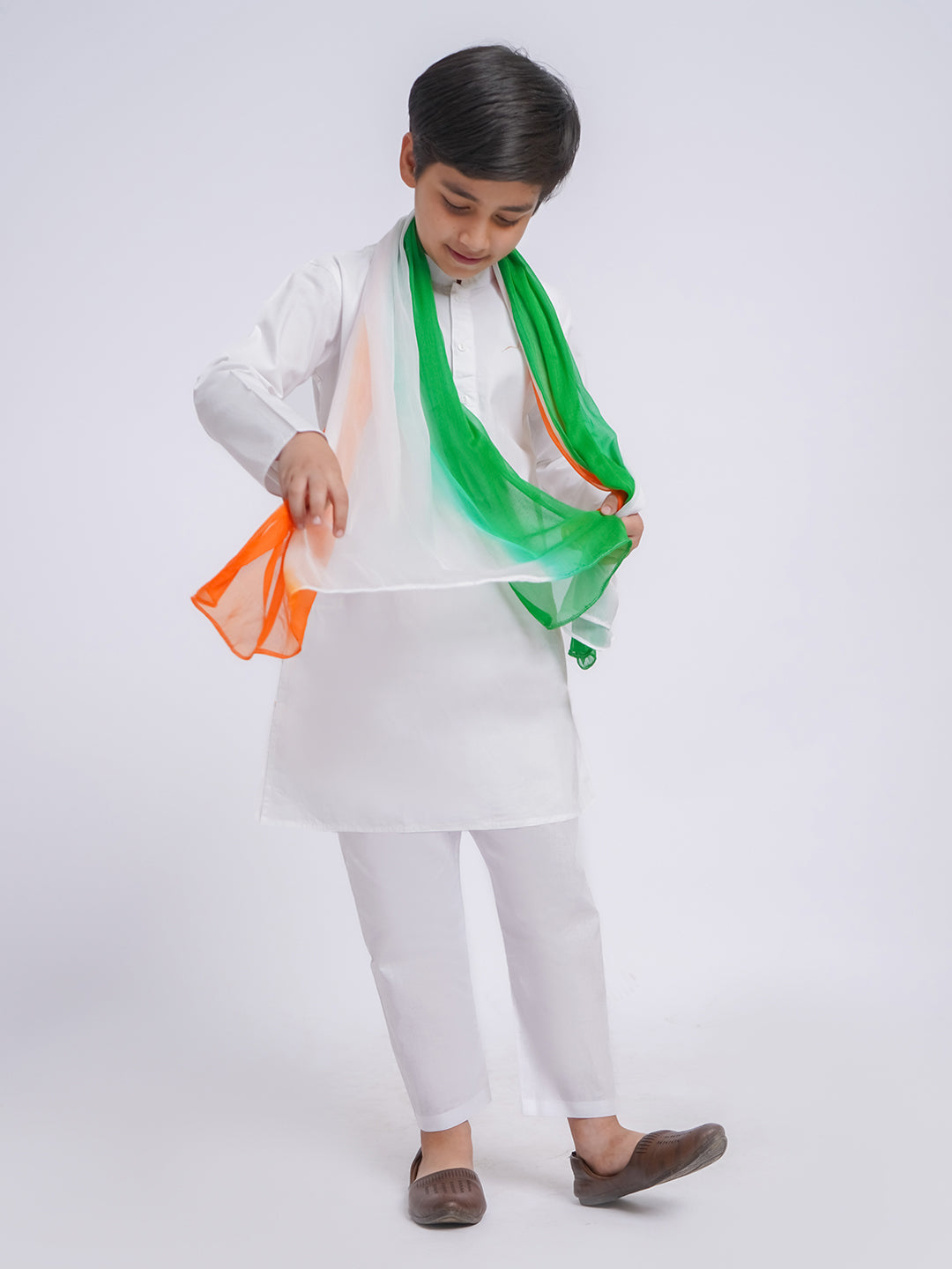 Boy's White Cotton Kurta And Pyjama And Dupatta Set