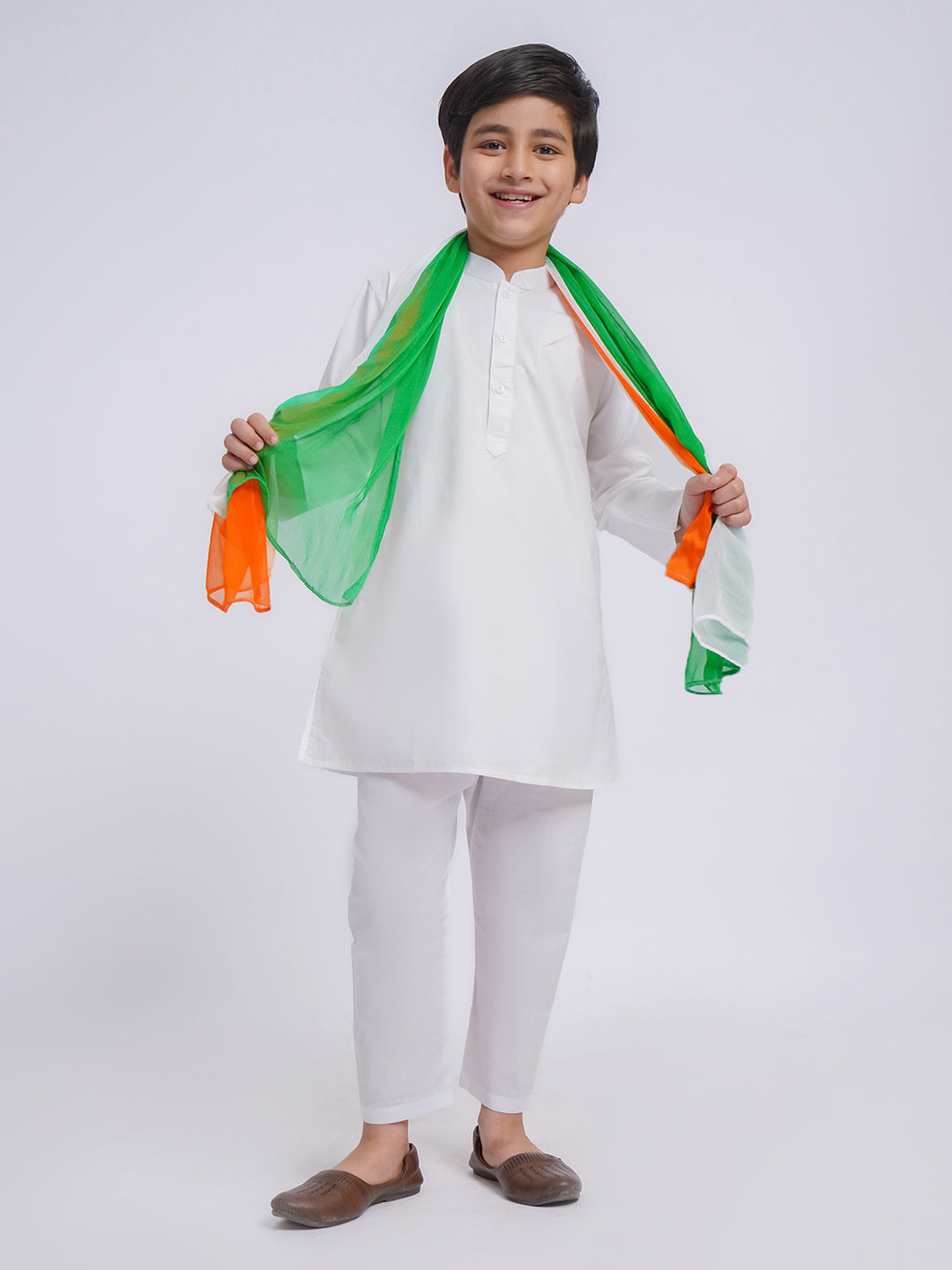 Boy's White Cotton Kurta And Pyjama And Dupatta Set
