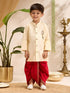 Boys Gold Cotton-Silk Embroidered Thigh Length Kurta and Dhoti Set