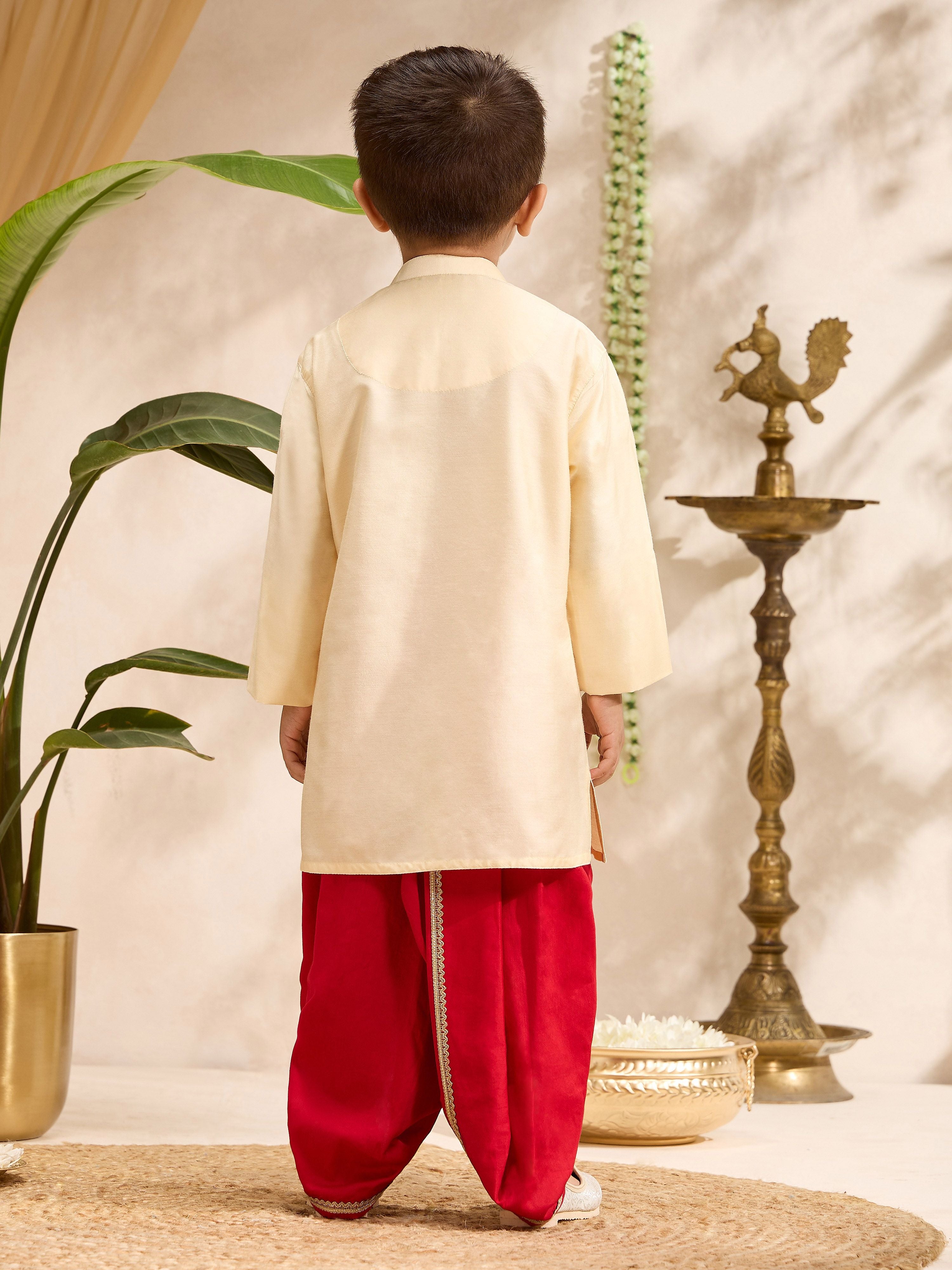 Boys Gold Cotton-Silk Embroidered Thigh Length Kurta and Dhoti Set