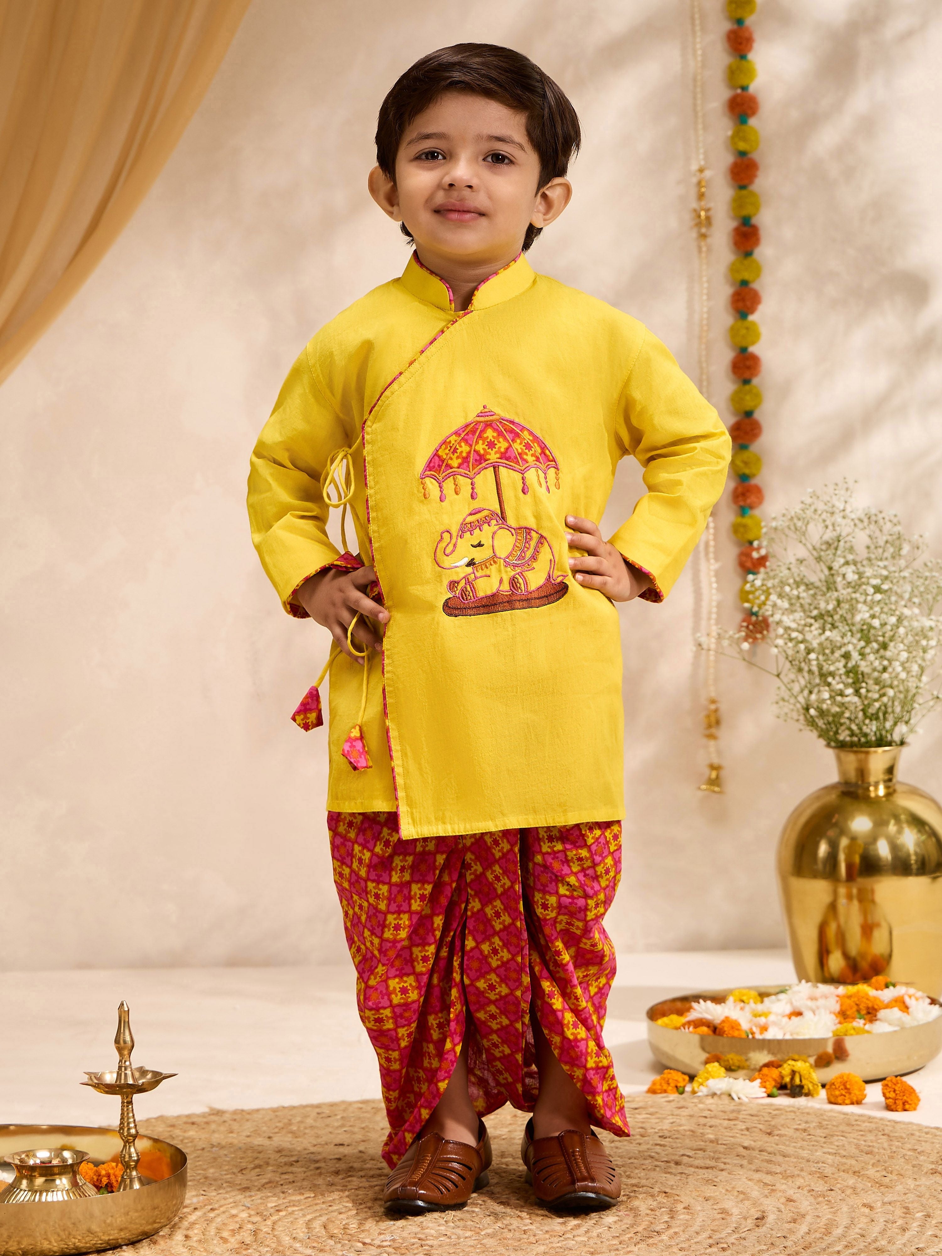 Boys Yellow Cotton Embroidered Kurta Dhoti Set