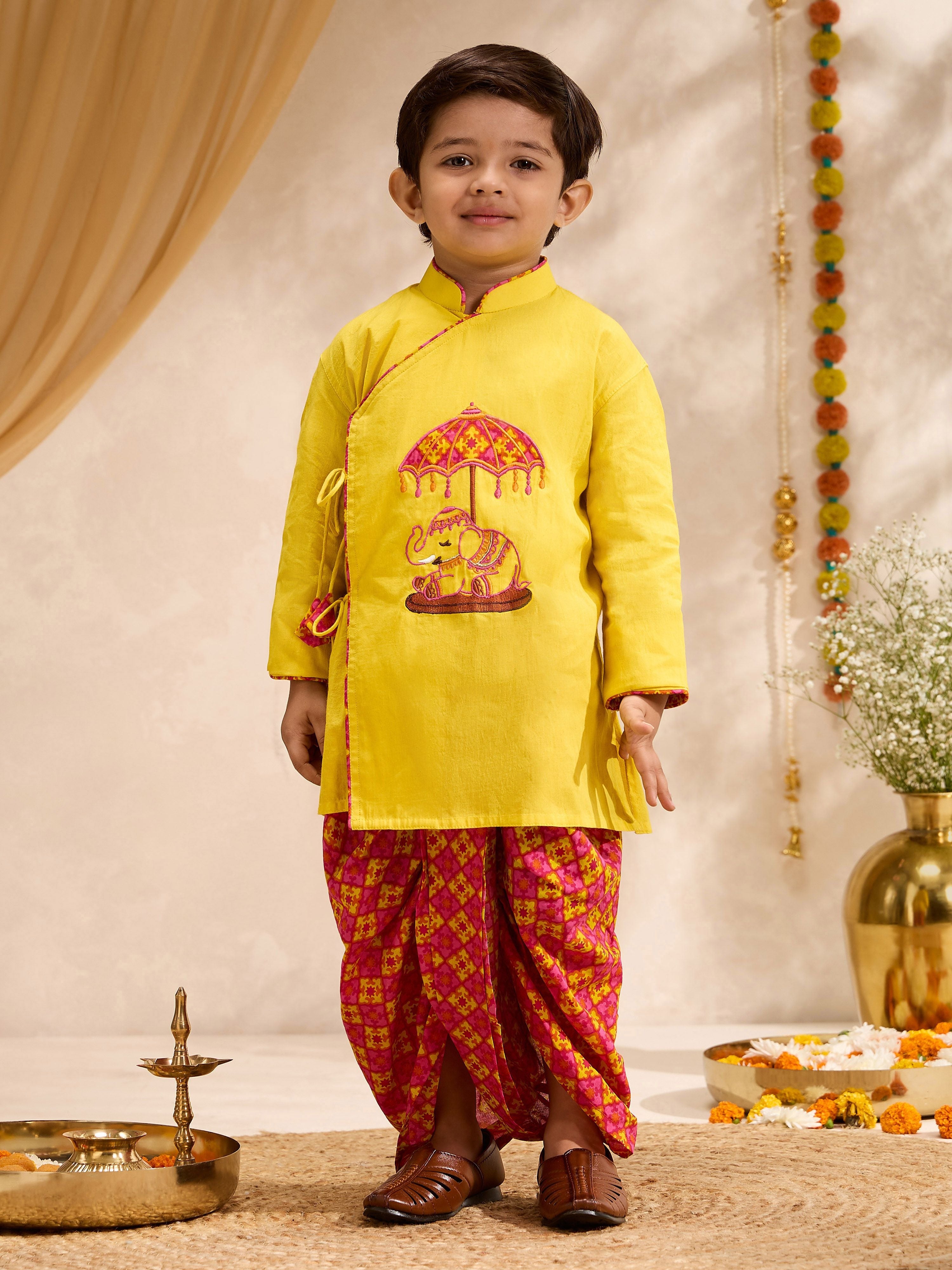 Boys's Yellow Cotton Embroidered Thigh Length Kurta And Dhoti Set
