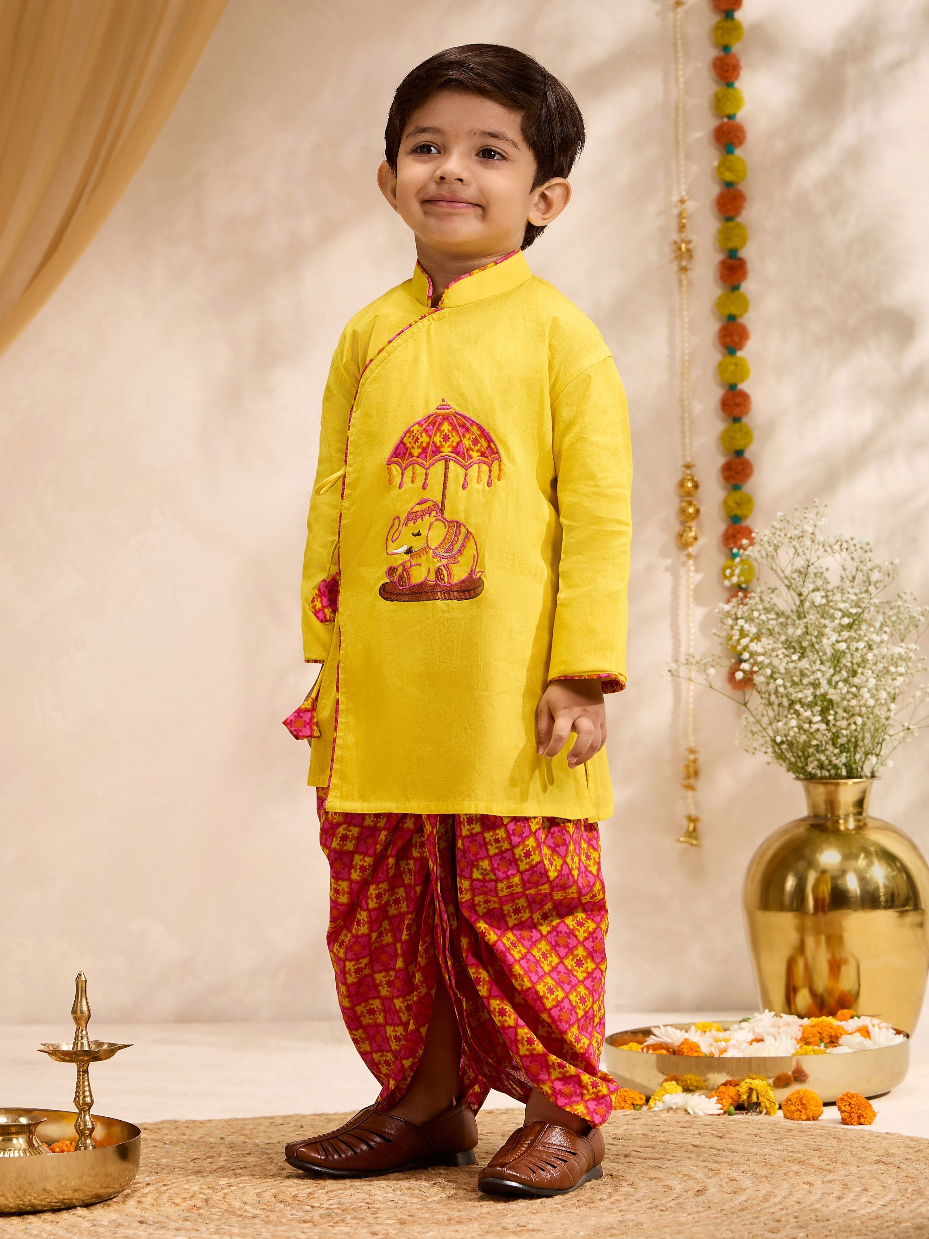 Boys's Yellow Cotton Embroidered Thigh Length Kurta And Dhoti Set
