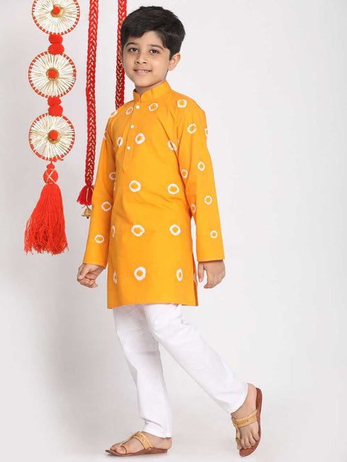 Boy's' Orange And White Kurta Pyjama Set