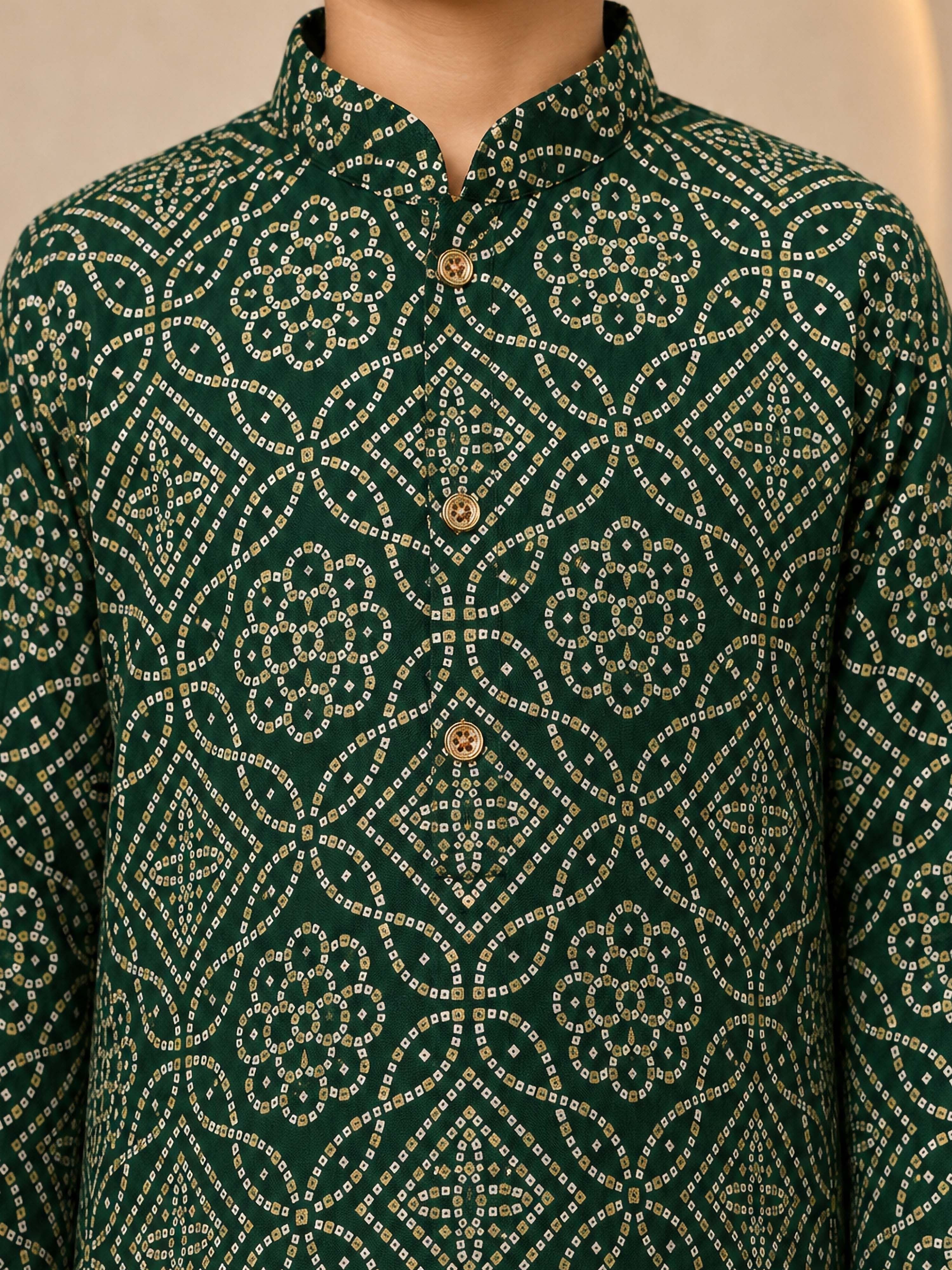 Boy's Dark Green Rayon Geometric Print Knee Length Kurta and Pyjama Set