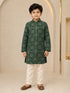 Boy's Dark Green Rayon Geometric Print Knee Length Kurta and Pyjama Set