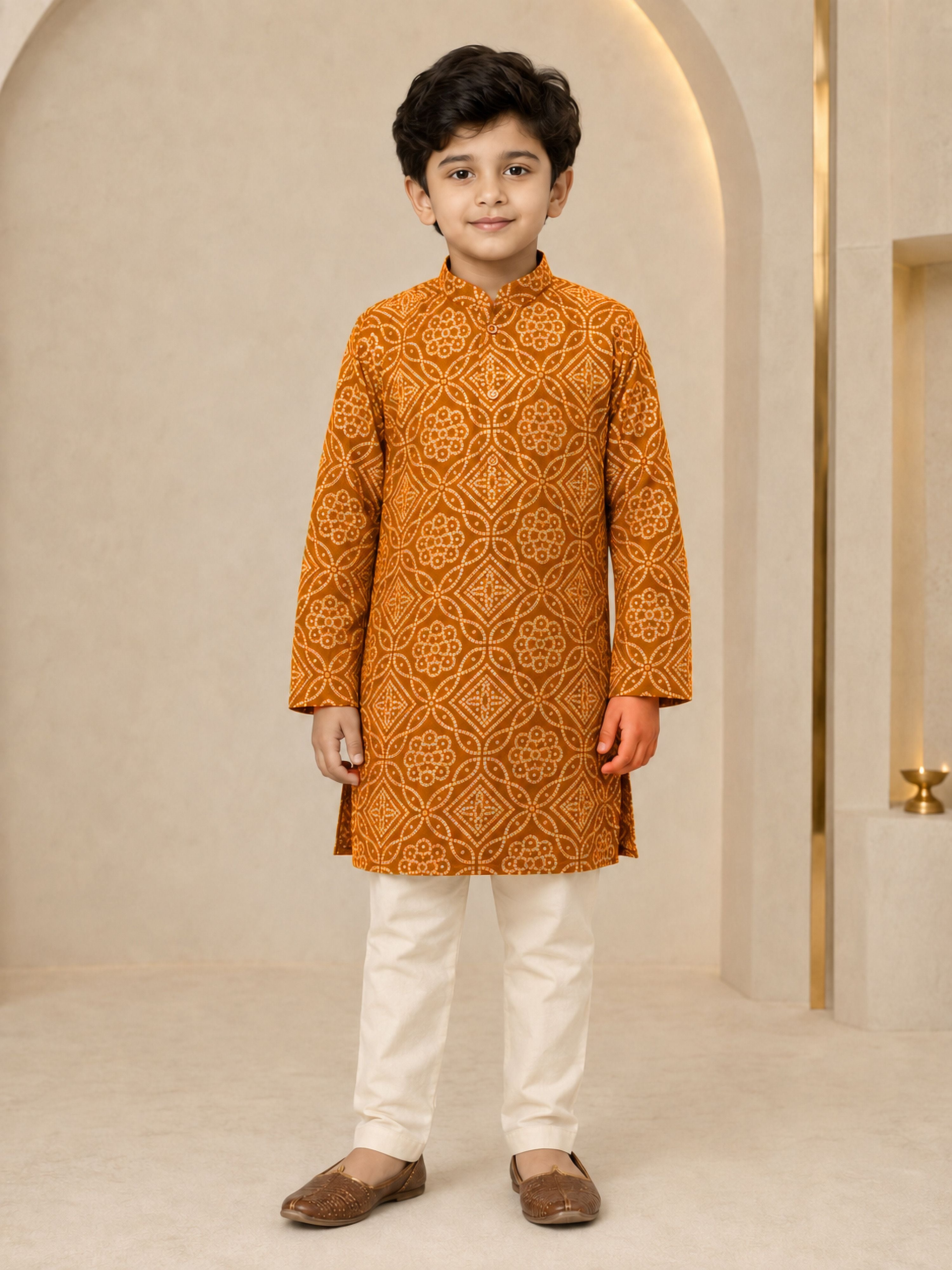 Boy's Mustard Rayon Geometric Print Knee Length Kurta and Pyjama Set