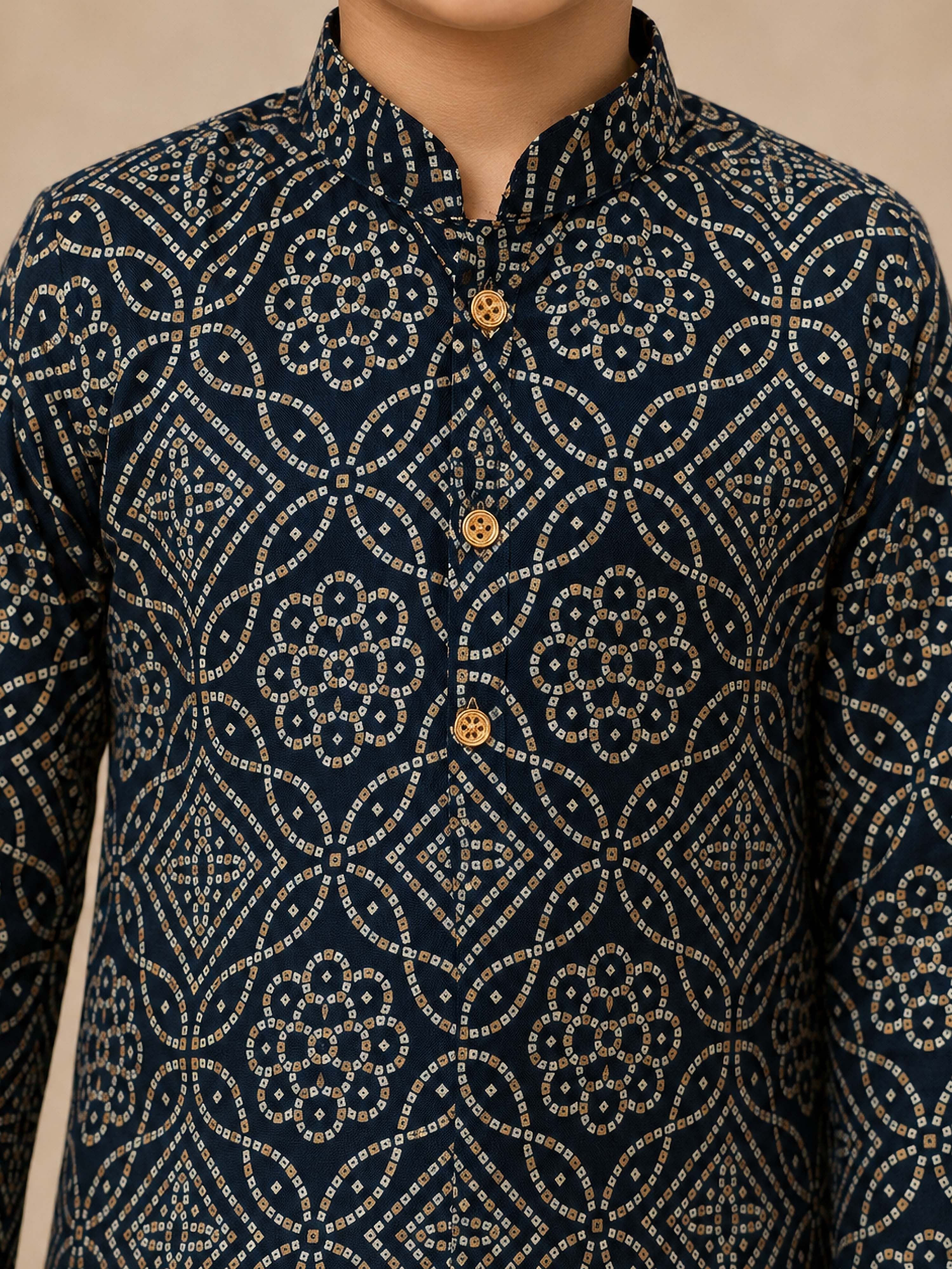 Boy's Navy Blue Rayon Geometric Print Knee Length Kurta and Pyjama Set