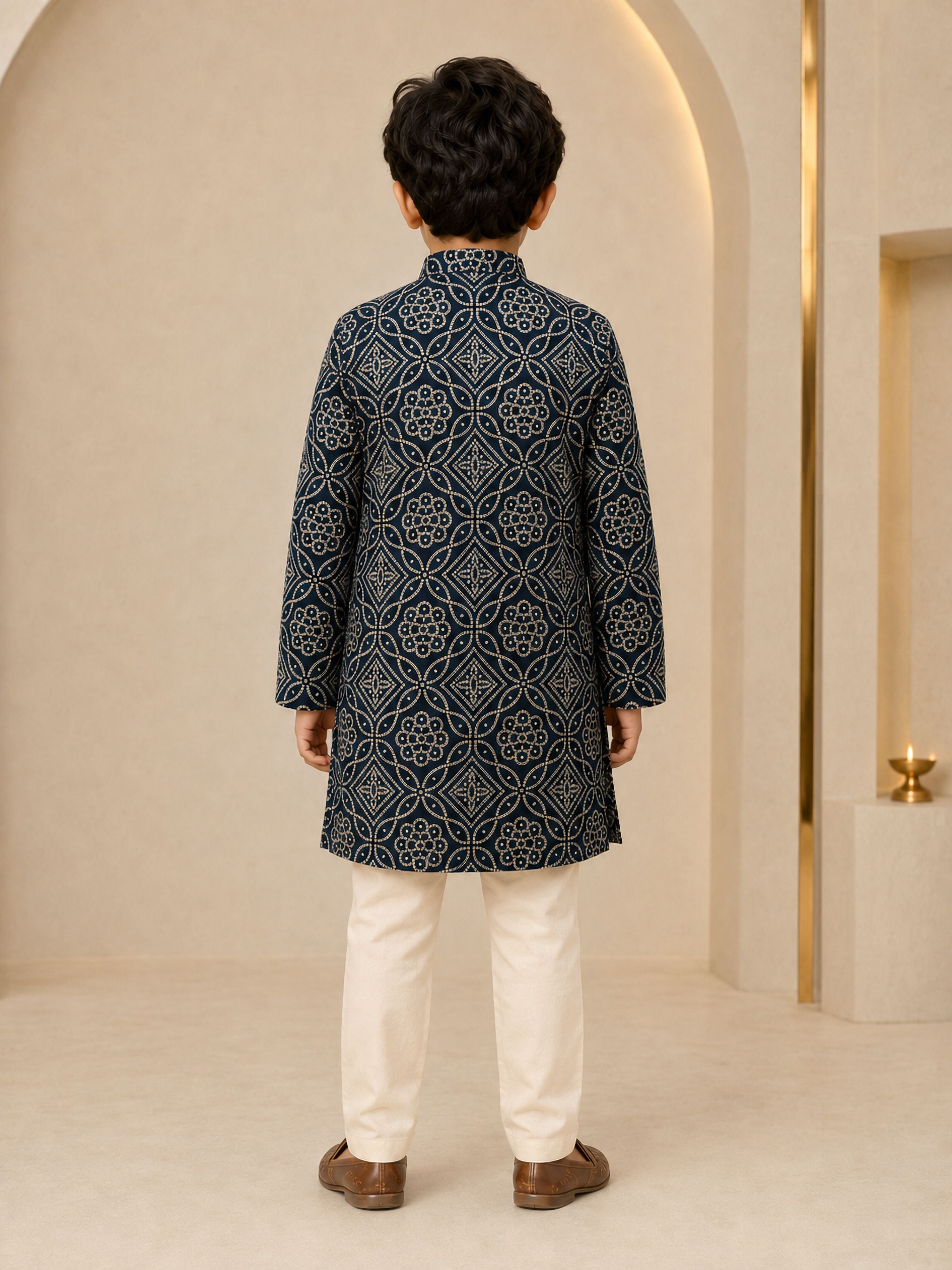 Boy's Navy Blue Rayon Geometric Print Knee Length Kurta and Pyjama Set