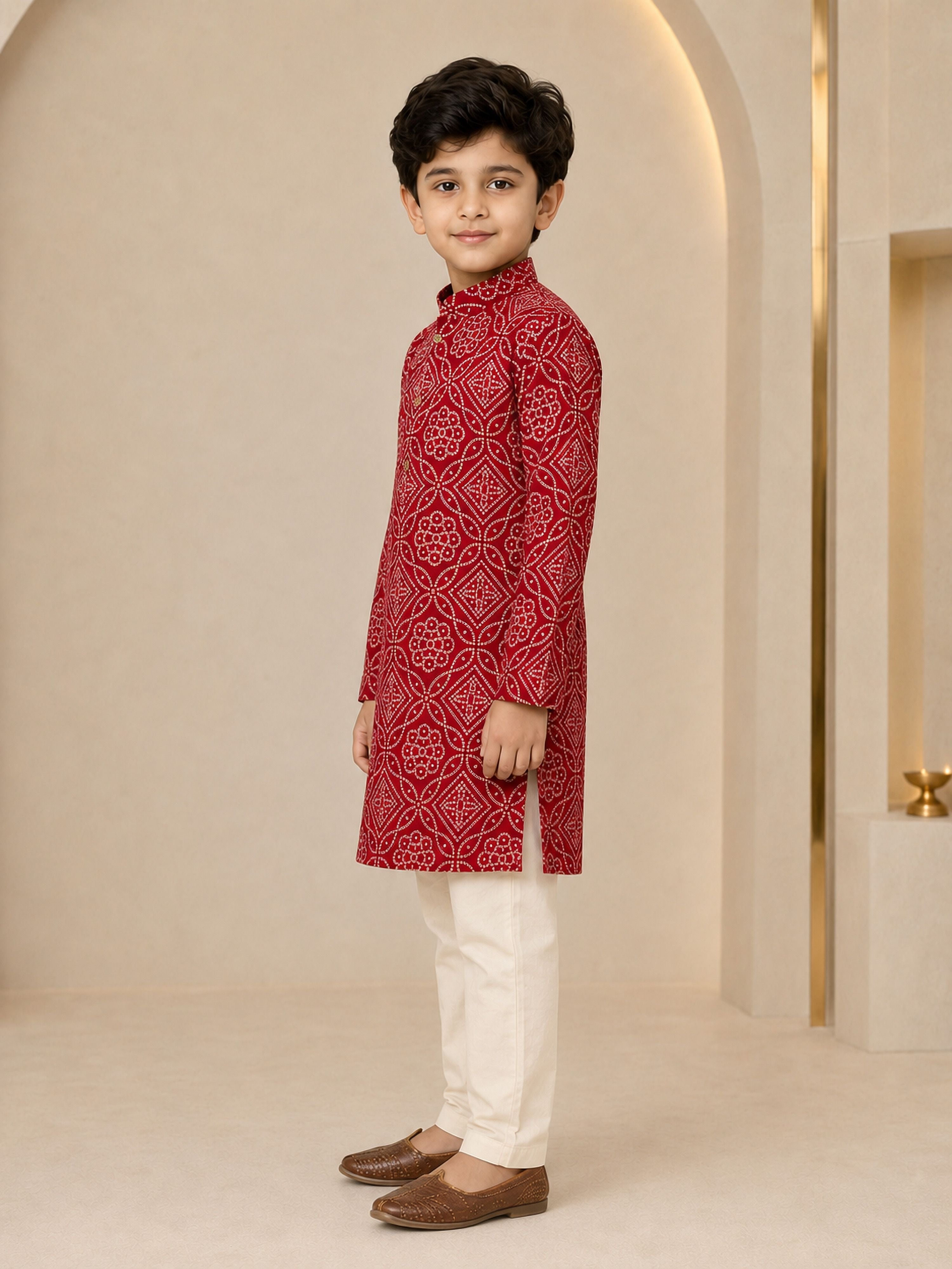 Boy's Red Rayon Geometric Print Knee Length Kurta and Pyjama Set
