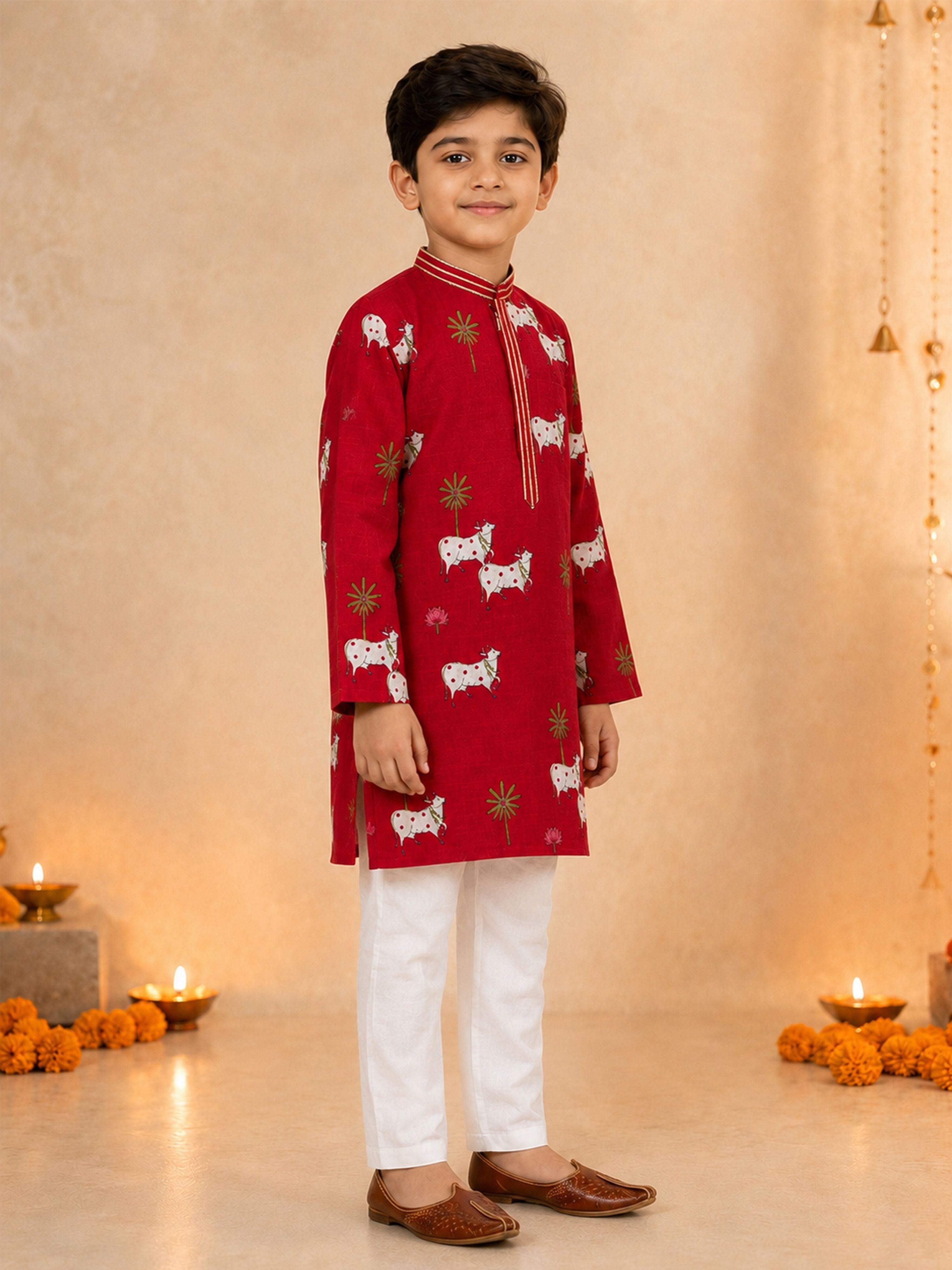 Boy's Maroon Cotton Printed Knee Length Kurta and Pyjama Set
