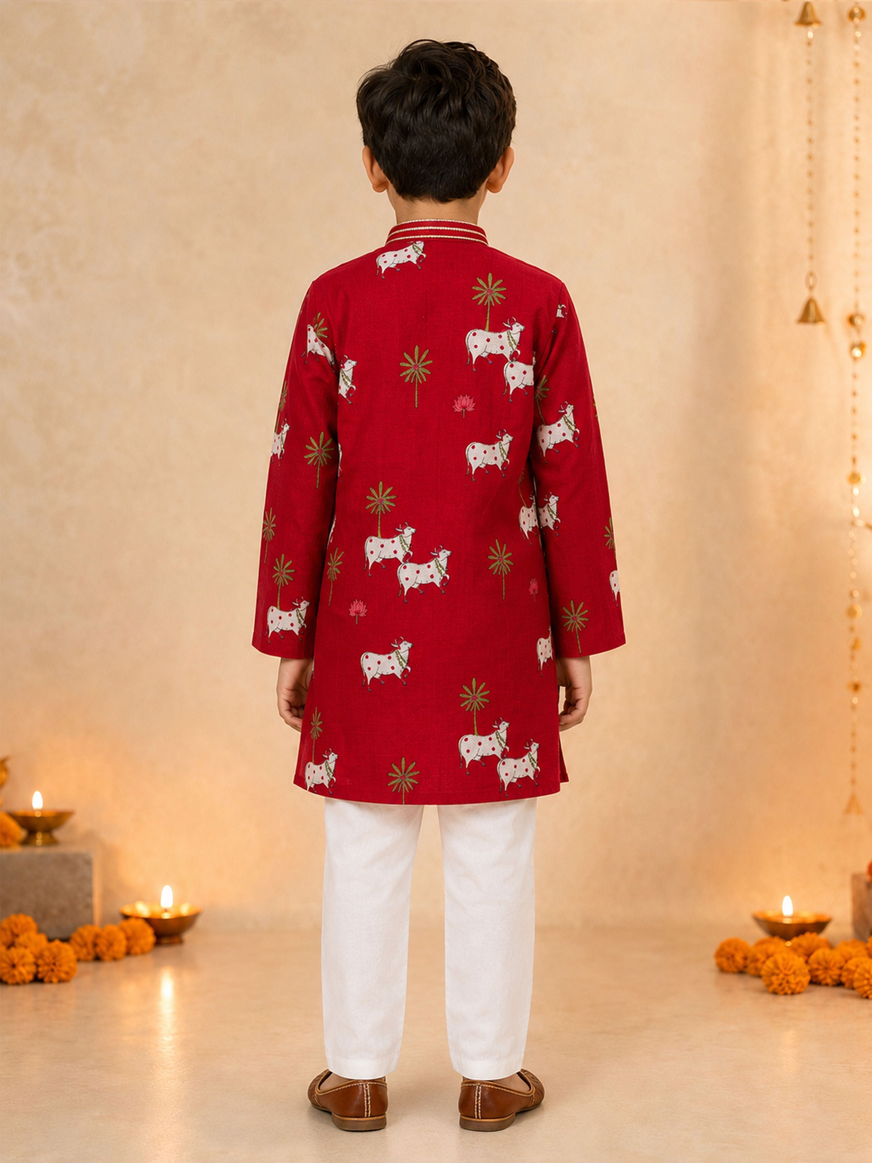 Boy's Maroon Cotton Printed Knee Length Kurta and Pyjama Set