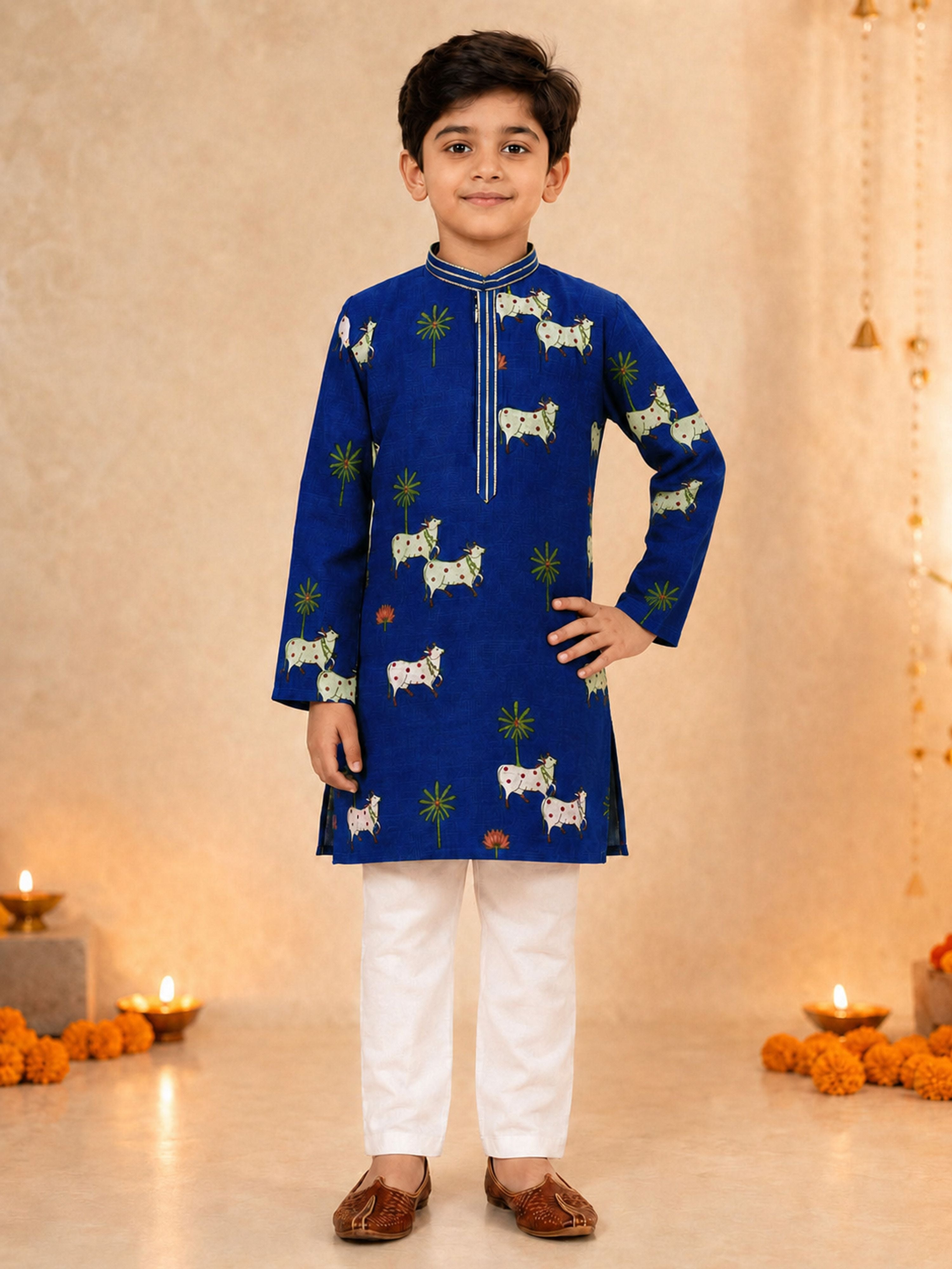 Boy Navy Blue Cotton Kurta and Pyjama Set Festive, Festive Glitz, Indated Traditions, All regions, Janmastami, Raksha Bandhan Ethnic Wear