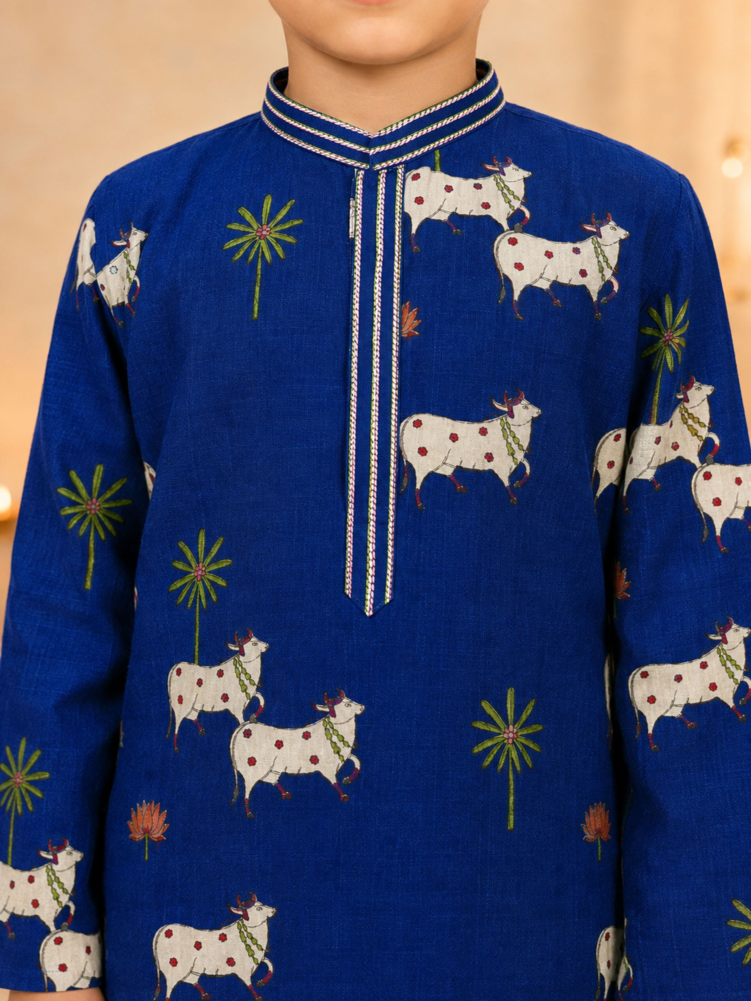 Boy's Navy Blue Cotton Printed Knee Length Kurta and Pyjama Set
