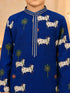 Boy's Navy Blue Cotton Printed Knee Length Kurta and Pyjama Set