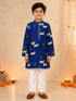 Boy's Navy Blue Cotton Printed Knee Length Kurta and Pyjama Set