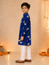 Boy's Navy Blue Cotton Printed Knee Length Kurta and Pyjama Set