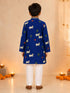 Boy's Navy Blue Cotton Printed Knee Length Kurta and Pyjama Set