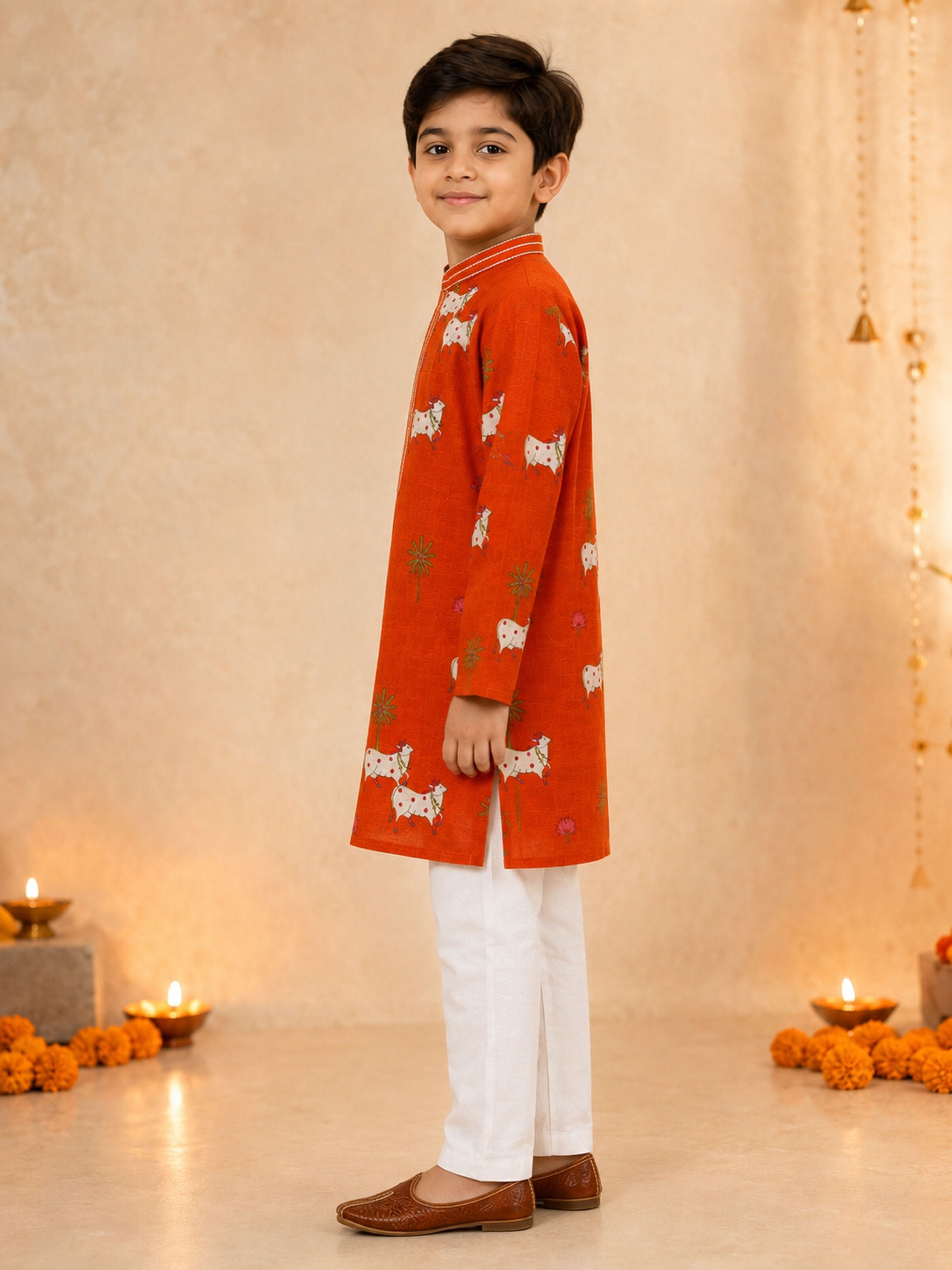 Boy's Orange Cotton Printed Knee Length Kurta and Pyjama Set