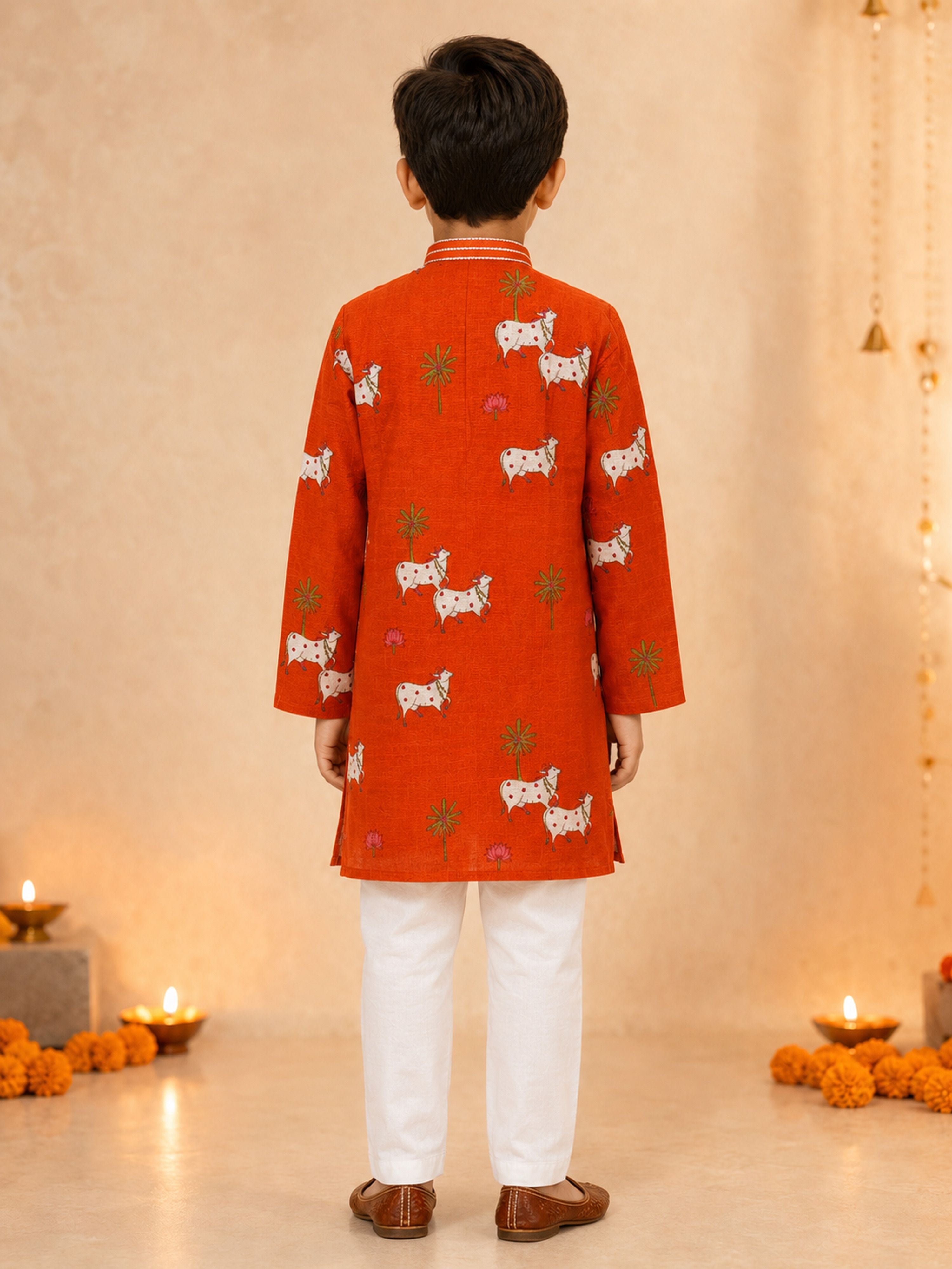 Boy's Orange Cotton Printed Knee Length Kurta and Pyjama Set