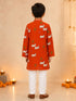 Boy's Orange Cotton Printed Knee Length Kurta and Pyjama Set