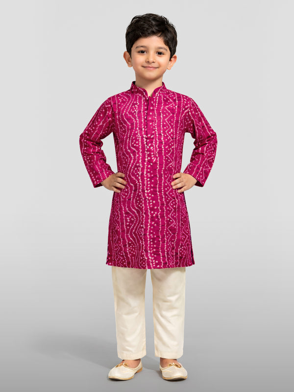 Boy's Falsa Cotton Bandhani Print Kurta Pyjama