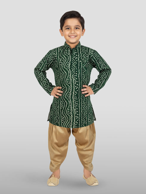 Boy's' Green Bandhni Print Kurta And Rose Gold Patiyala Set