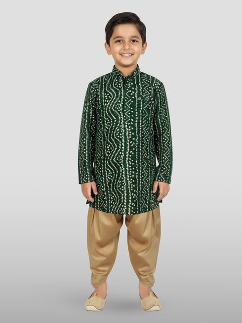 Boy's' Green Bandhni Print Kurta And Rose Gold Patiyala Set