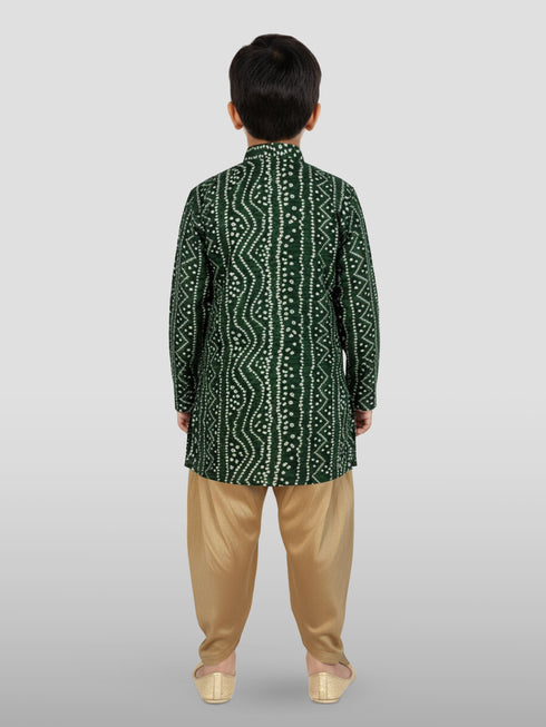 Boy's' Green Bandhni Print Kurta And Rose Gold Patiyala Set