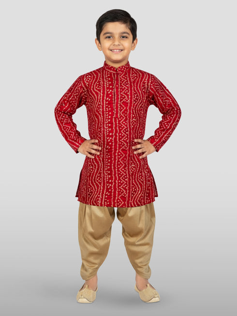 Boy's' Maroon Bandhni Print Kurta And Rose Gold Patiala Set