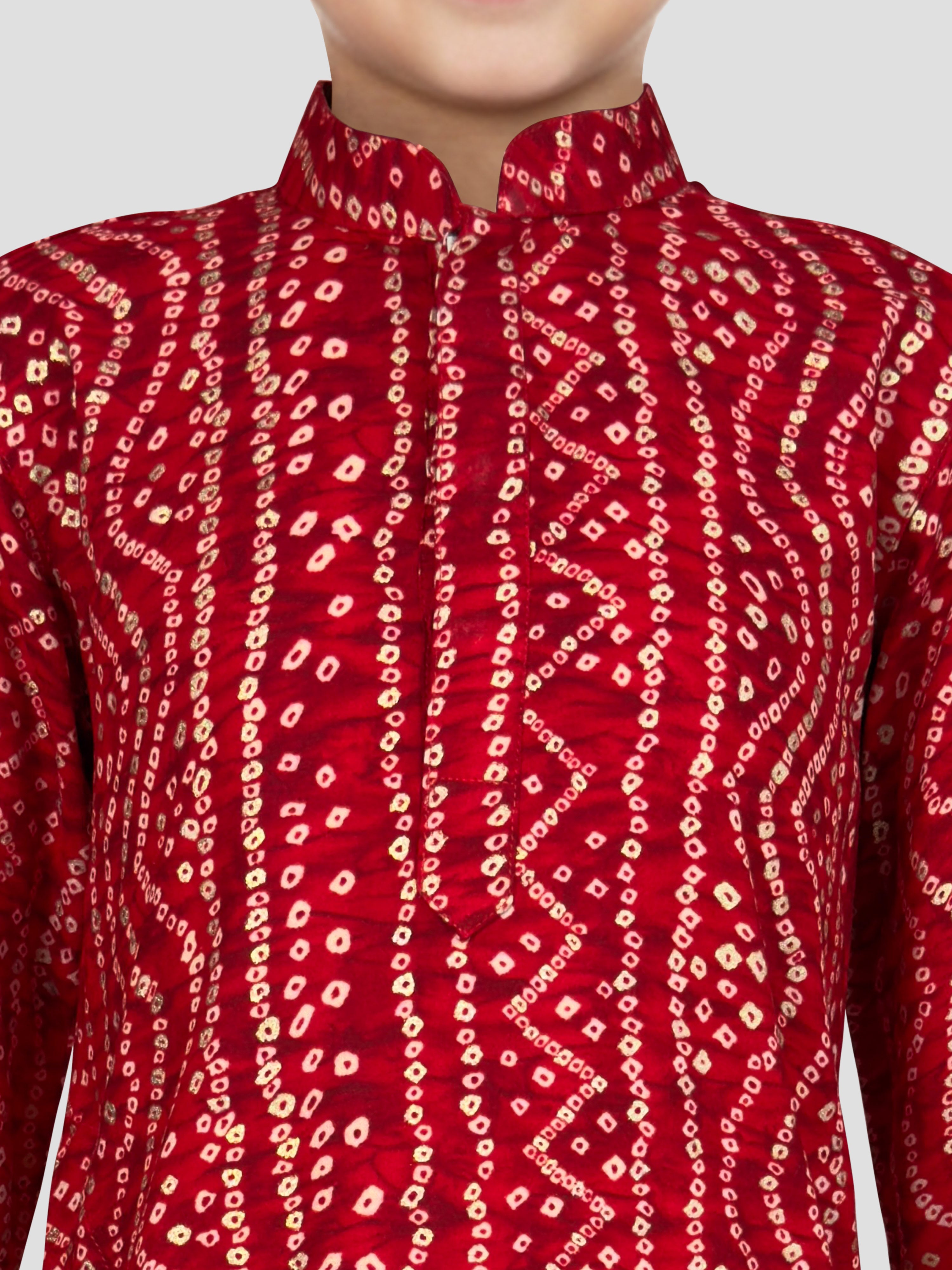 Boys Maroon Rayon Bandhani Kurta Pyjama Set