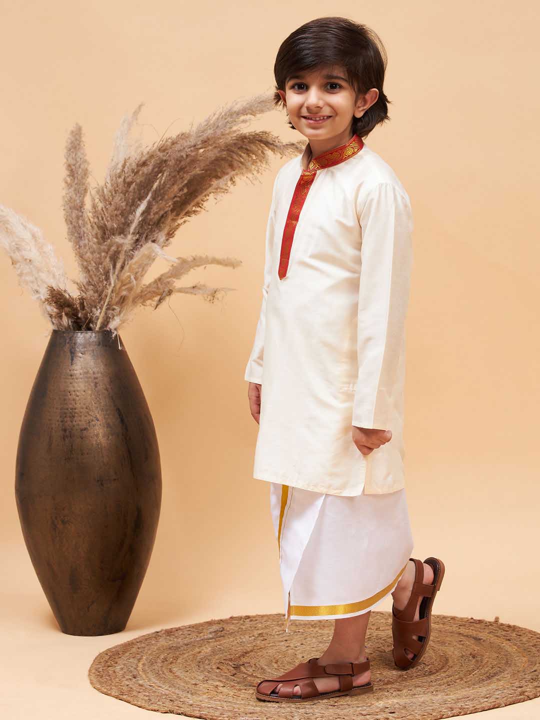 Boy's' Maroon And White Kurta With Mundu Set