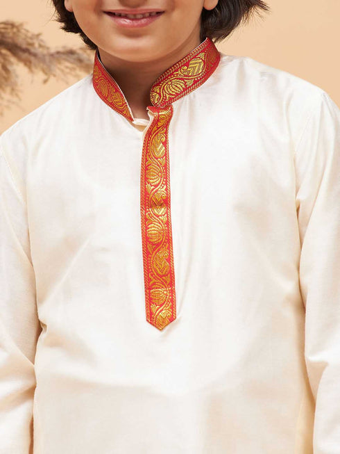 Boy's' Maroon And White Kurta With Mundu Set