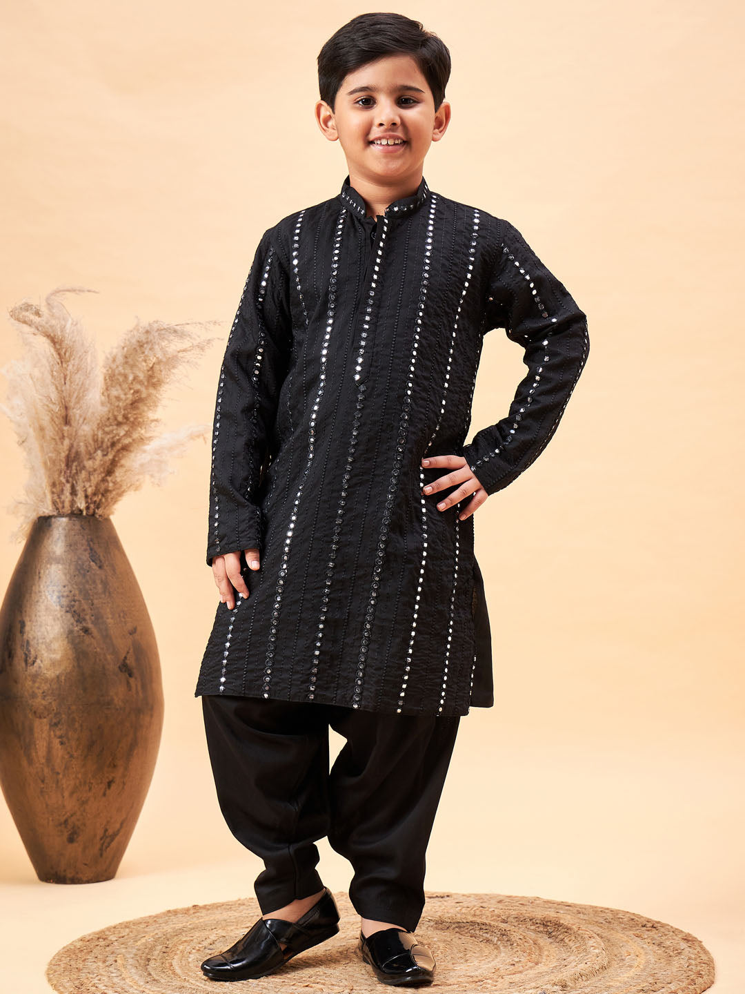 Boy's Black Embroidered Vertical Mirror Work Kurta With Patiala Set