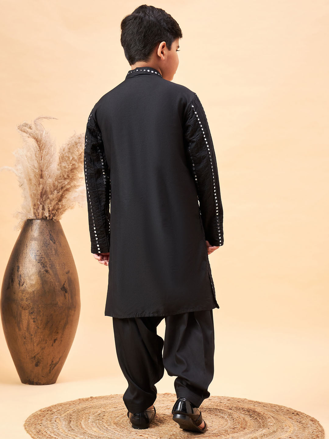 Boy's Black Embroidered Vertical Mirror Work Kurta With Patiala Set