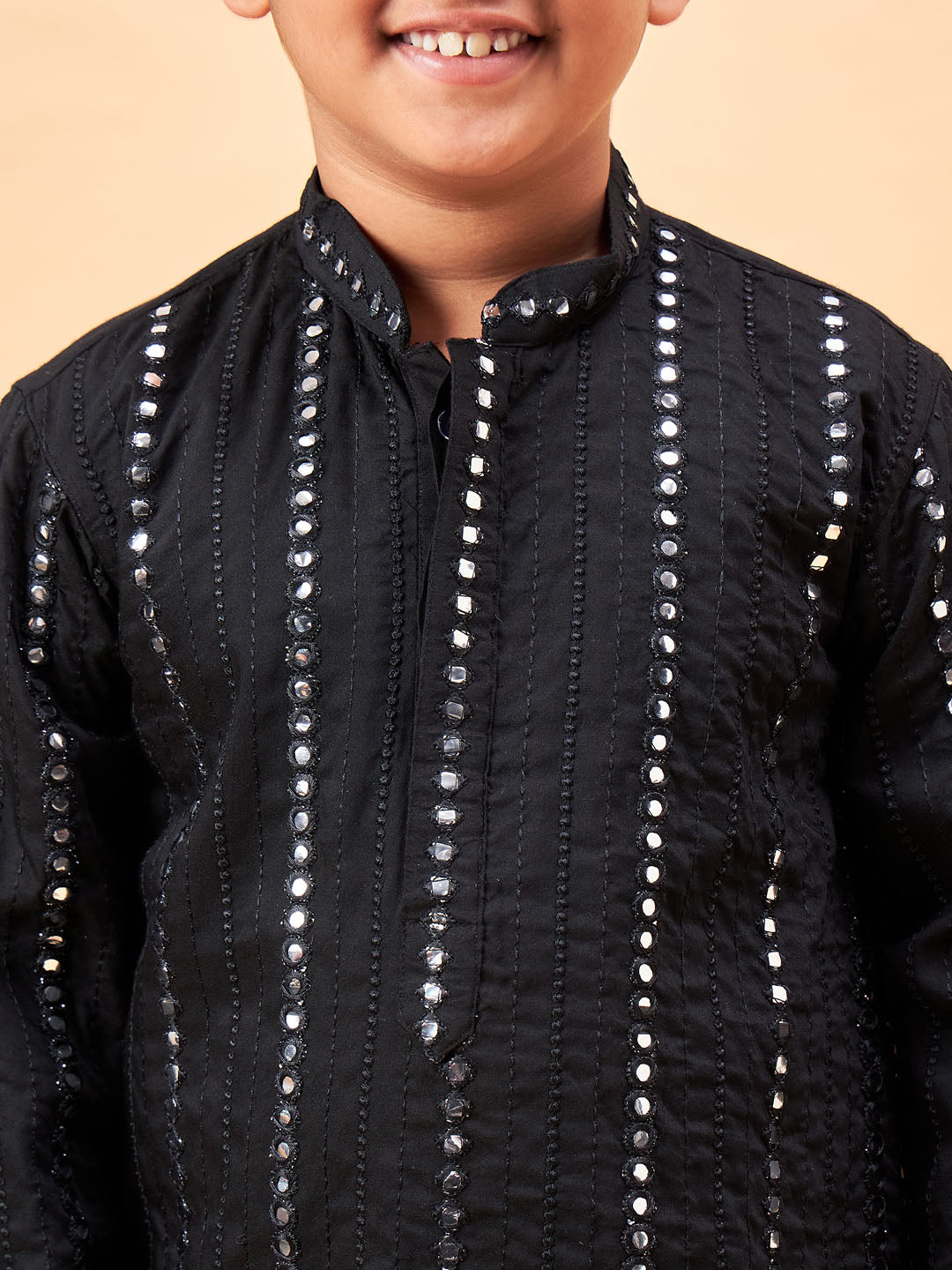 Boy's Black Embroidered Vertical Mirror Work Kurta With Patiala Set