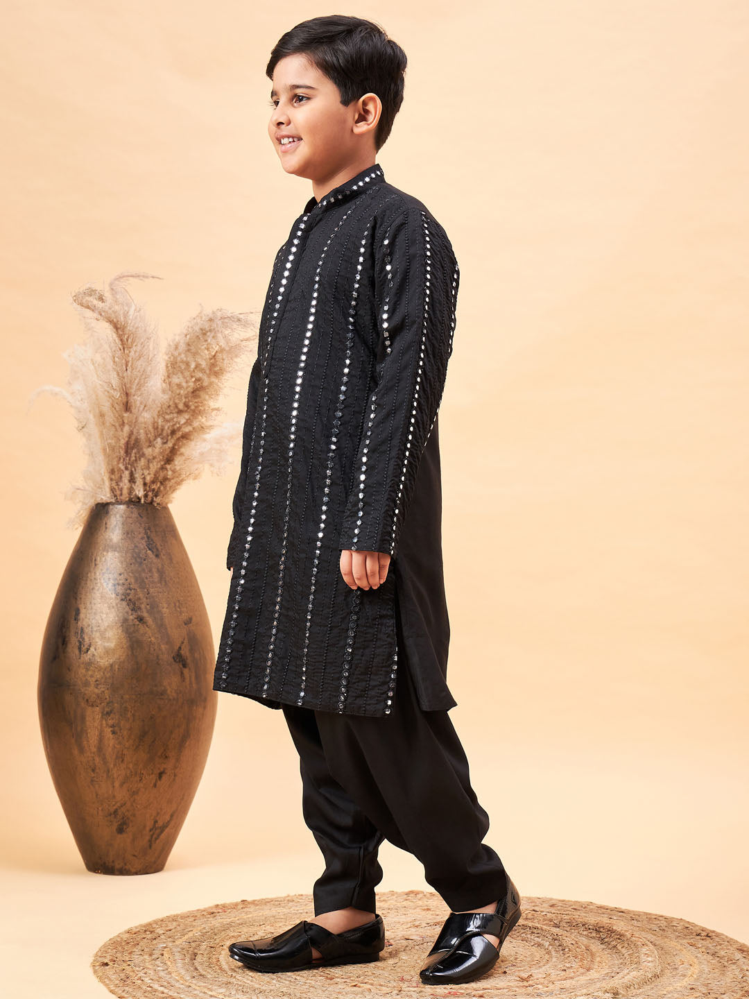 Boy's Black Embroidered Vertical Mirror Work Kurta With Patiala Set