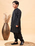 Boy's Black Embroidered Vertical Mirror Work Kurta With Patiala Set