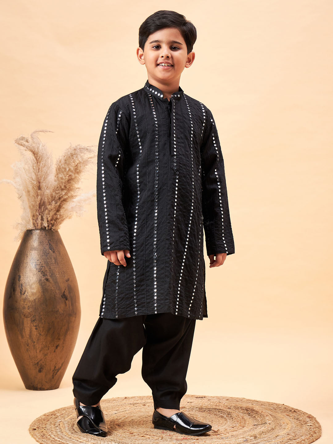 Boy's Black Embroidered Vertical Mirror Work Kurta With Patiala Set