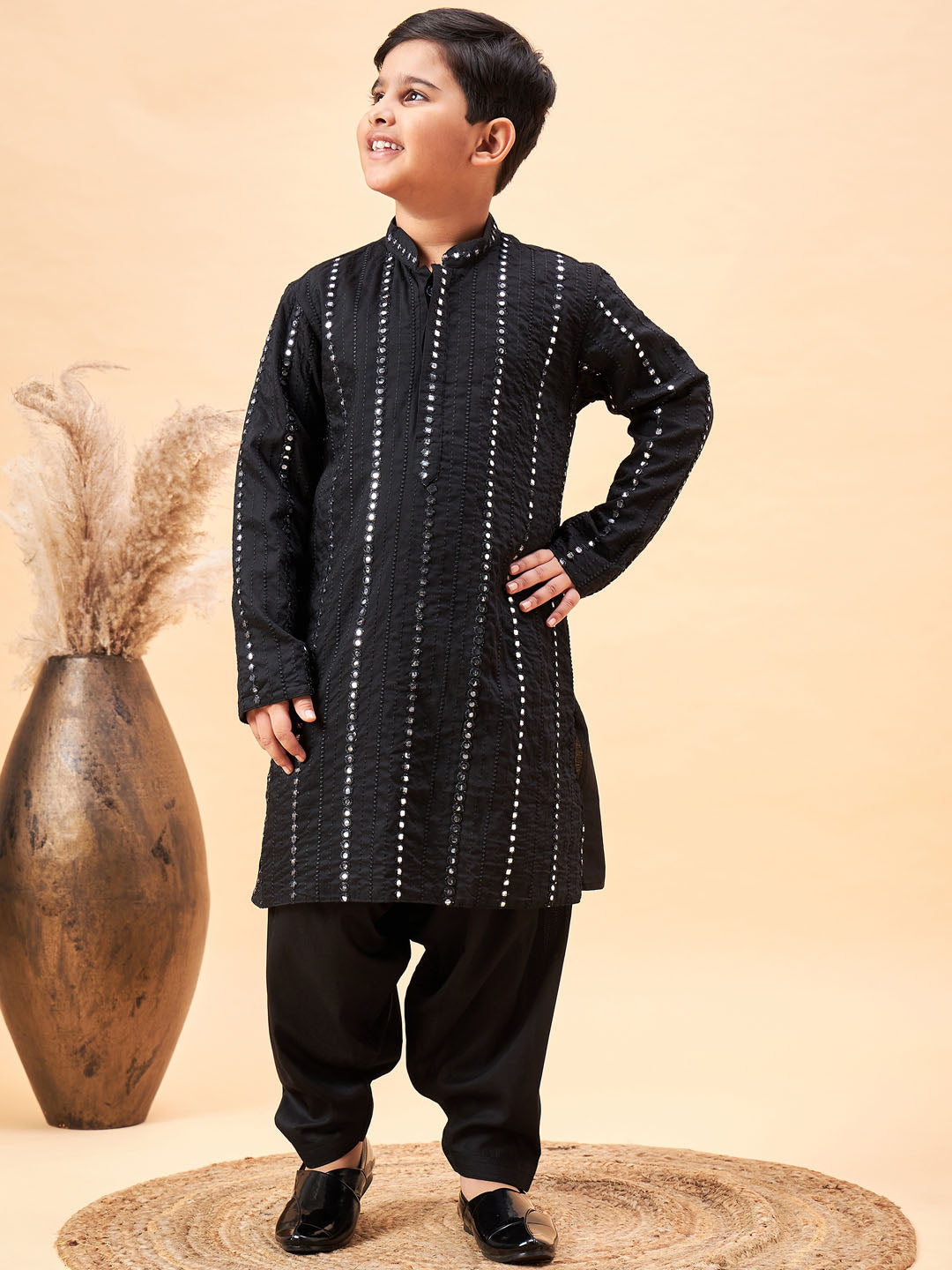 Boy's Black Embroidered Vertical Mirror Work Kurta With Patiala Set